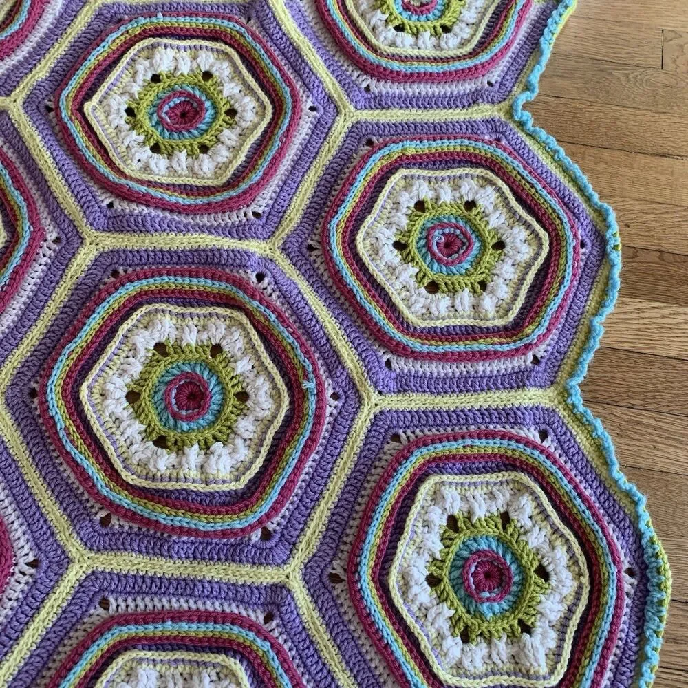 Granny Square Octagons Cotton Crocheted Afghan approx. 32x45” Multicolored Wheel